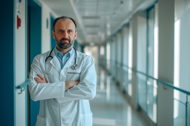 A portrait of a doctor standing in medical corridor with stethoscope