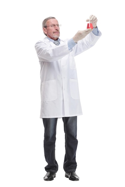 Portrait of a doctor wearing glasses and rubber gloves holding laboratory glassware beaker with red liquid substance isolated on white