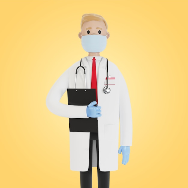 Portrait of a doctor wearing a mask and gloves 3D illustration in cartoon style