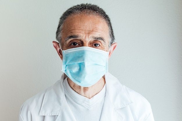 COVID-19로부터 자신을 보호하기 위해 흰색 코트와 수술 용 마스크를 착용 한 의사의 초상화
