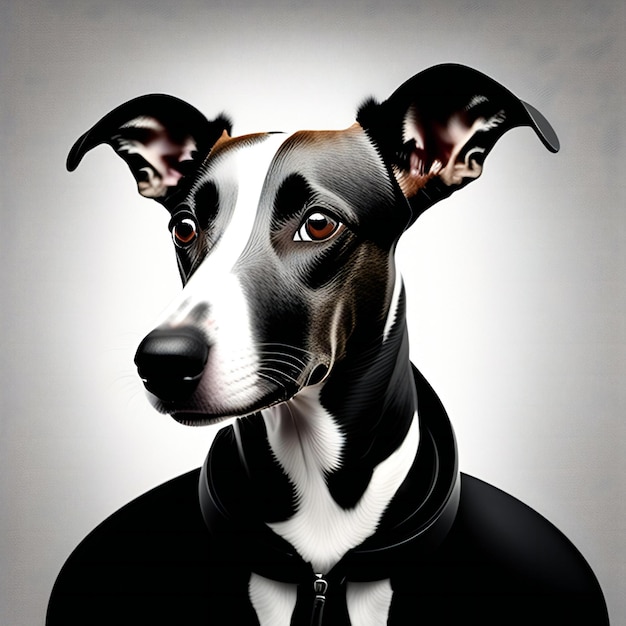 Portrait of a dog in a black dress on a gray background