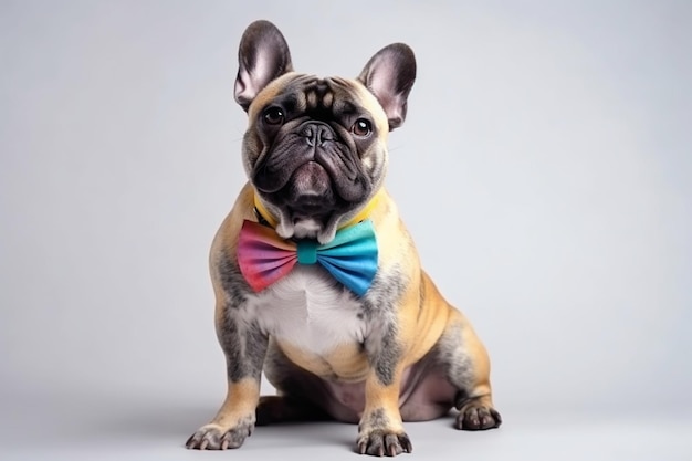 Portrait of dog bulldog posing in colorful bow isolated over white studio background concept of pets fun