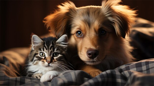 Photo portrait of a dog and a cat on a brown background