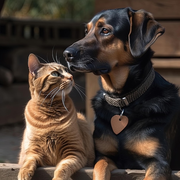 Портрет собаки и кошки Собака и кошка смотрят друг на друга с любовью и нежностью в теплой природной обстановке, иллюстративное изображение Генеративный Ай