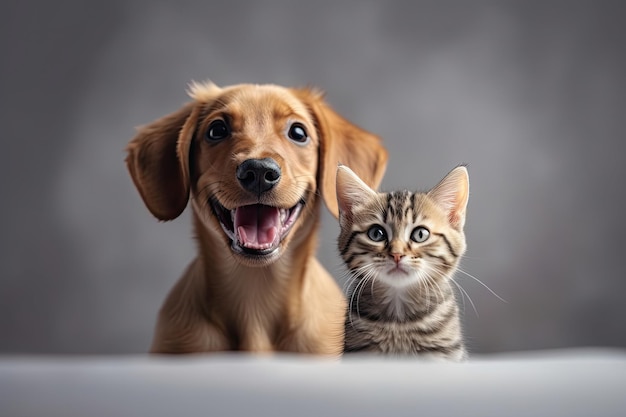 색 배경 앞에서 카메라를 바라보는 개와 고양이의 초상화