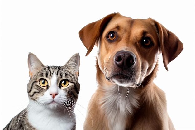 portrait of a dog and a cat looking at the camera in front of a white background Generative AI