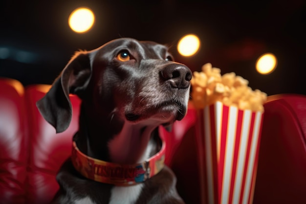 Portrait of a dog in a cinema with popcorn in 3d glasses