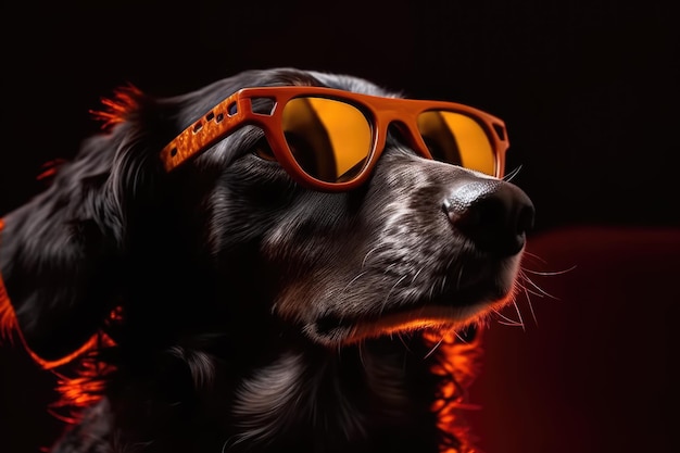 Portrait of a dog in a cinema with popcorn in 3d glasses
