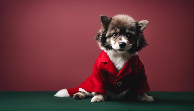 Portrait of a dog Dog in a red suit on a red background with copy space AI generated
