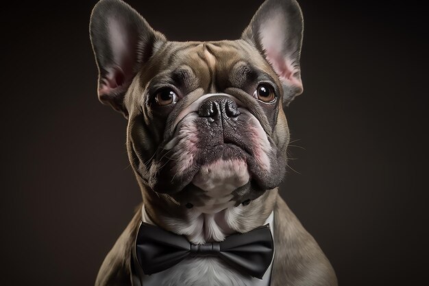 Photo portrait of dog french bulldog in brown tiebow on dark background