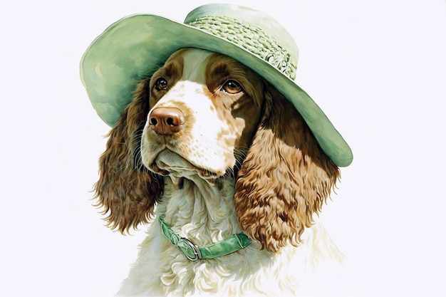 Portrait dog in a green hat