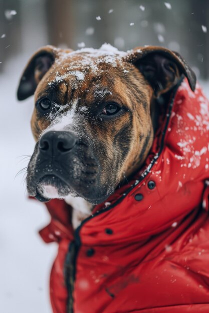 A portrait of a dog highfashion red fabric puffer jacket pink snow on face rustic face features