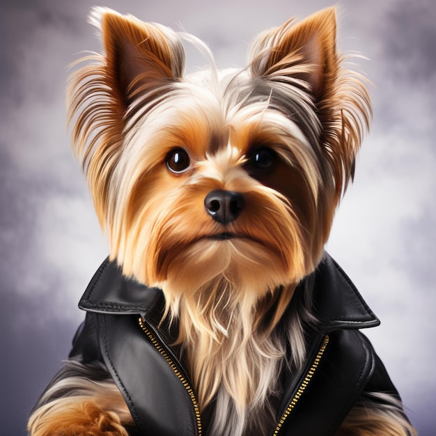 portrait of a dog in a leather jacket