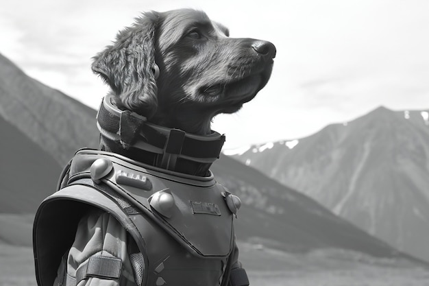 Photo portrait of a dog in a military suit against the background of mountains