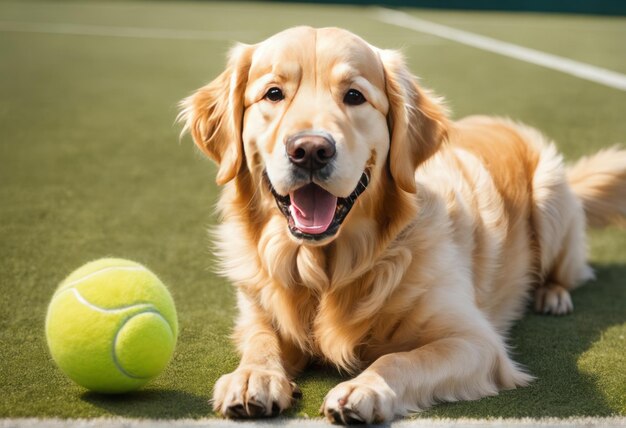 テニスコートで遊ぶ犬の肖像画 - 犬の写真
