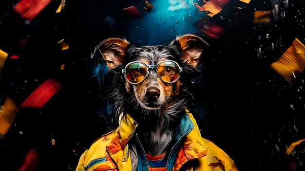 Portrait of a dog in a raincoat and sunglasses on a black background