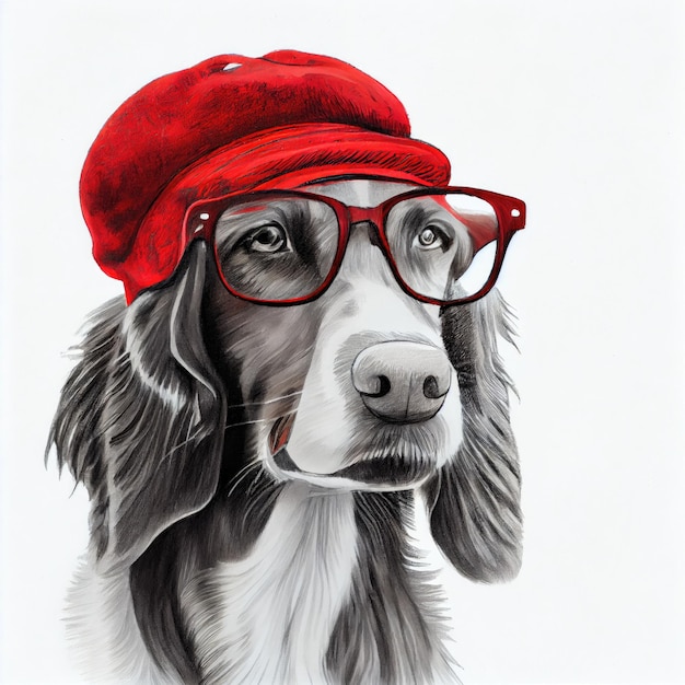 Portrait of a dog in a red cap and glasses black and white graphic drawing Generative AI