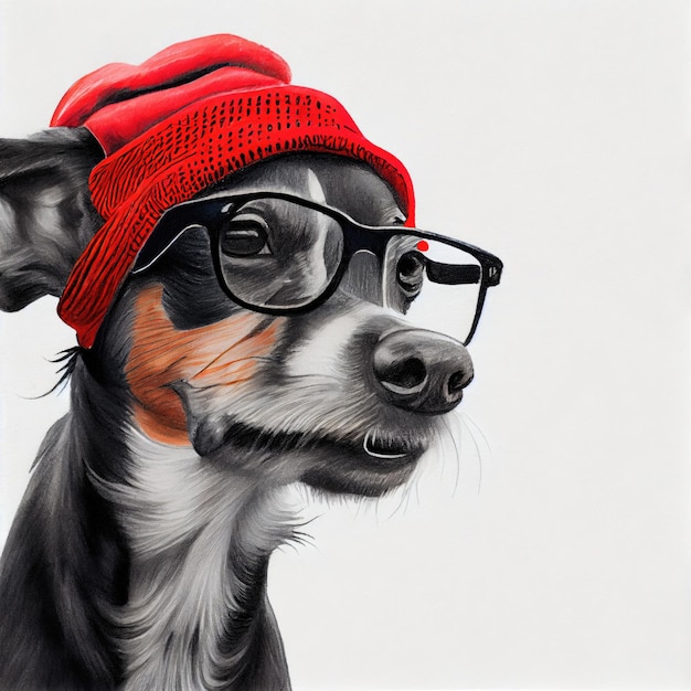 Photo portrait of a dog in a red cap and glasses black and white graphic drawing generative ai