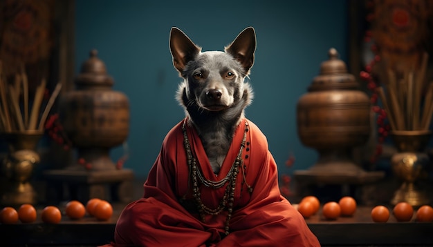 Портрет собаки в красном платье на фоне храма