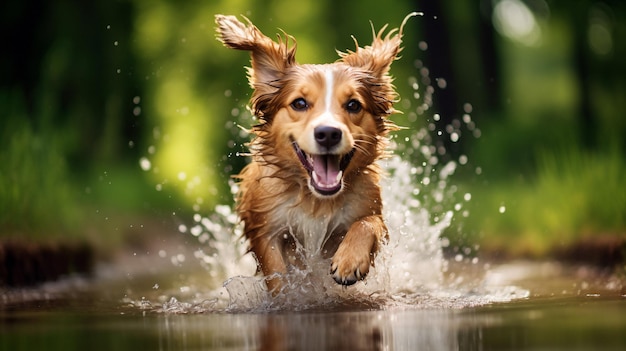 Портрет собаки, бегущей по воде
