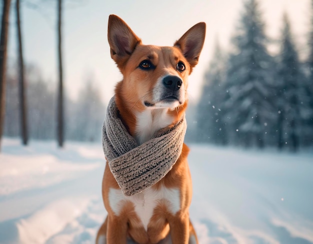 Portrait of a dog in a scarf on a background of winter forest