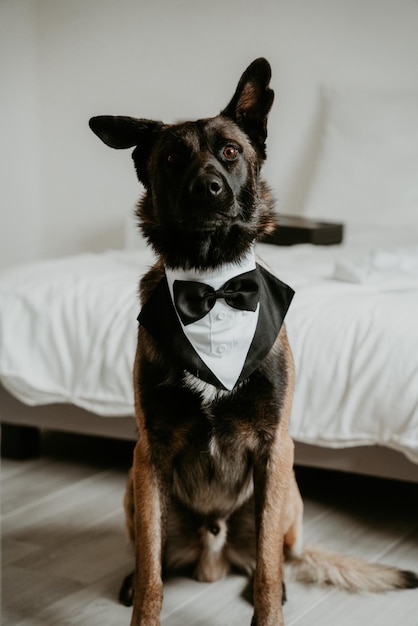 Photo portrait of dog sitting on bed at home