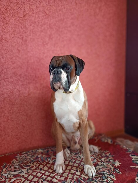 Portrait of dog sitting on carpet at home