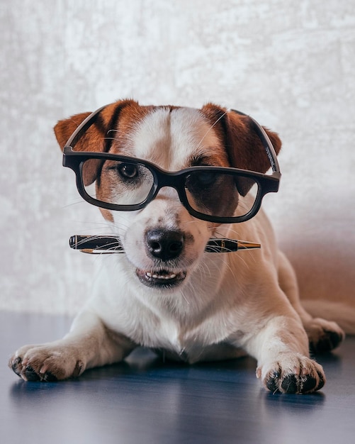 Foto ritratto di un cane seduto su un tavolo