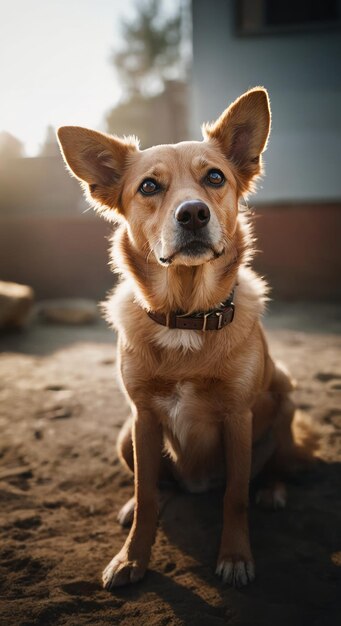 A portrait of dog sitting in a yard with a collar on looking at the camera with a curious expression