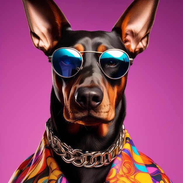 portrait of dog in sunglasses and sunglasses on gradient colored background