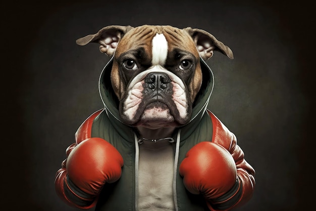 Portrait of dog in a tracksuit and boxing gloves around his neck generative ai