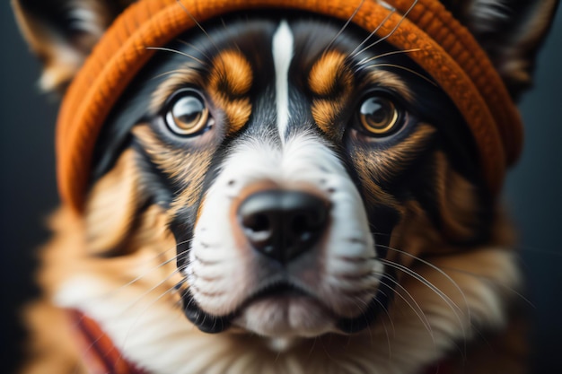 暗い背景の温かい帽子をかぶった犬の肖像画