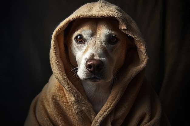 Portrait of dog wearing bathrobe