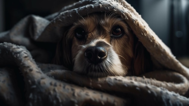 Portrait of a dog with a blanket on his head in the darkgenerative ai