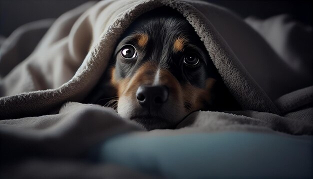 Portrait of a dog with a blanket on his head in the darkgenerative ai