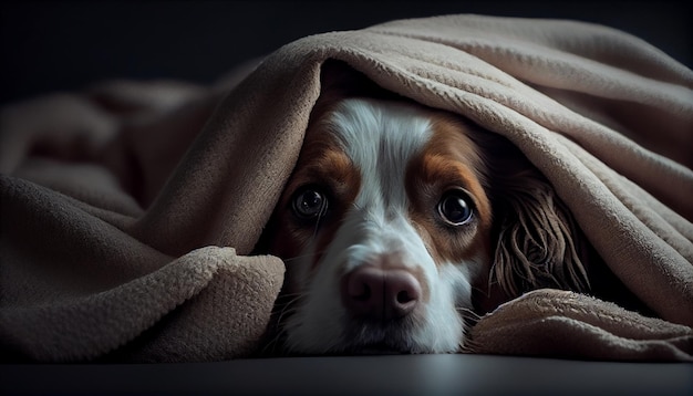 Portrait of a dog with a blanket on his head in the darkgenerative ai