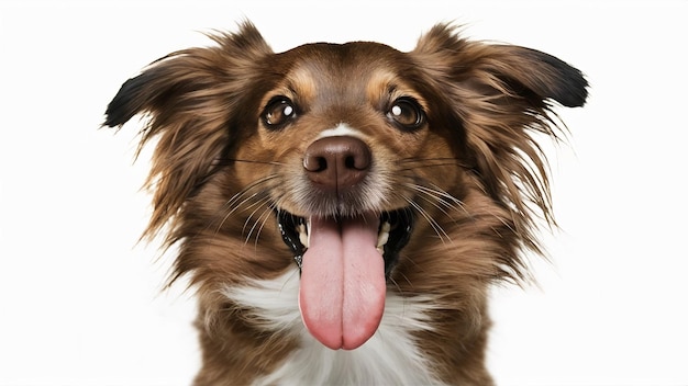 Portrait of dog with its long sticking tongue out isolated over white background