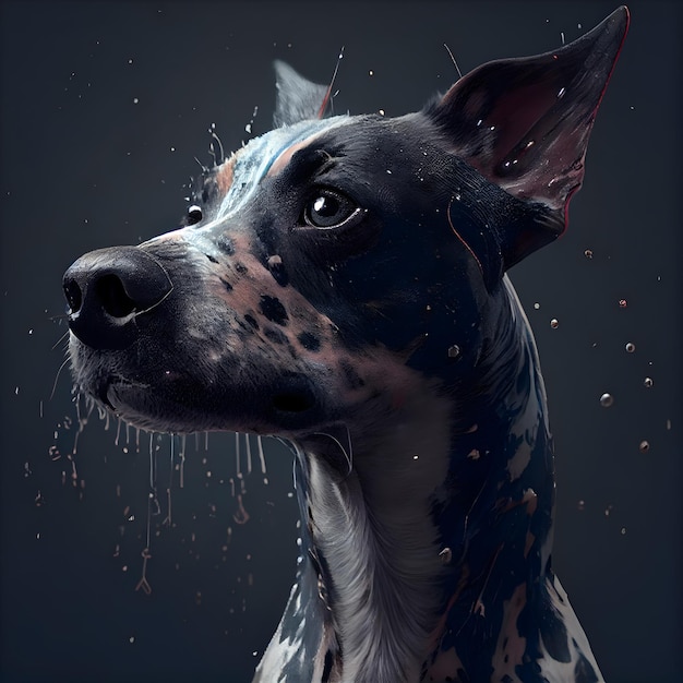 Portrait of a dog with splashes of water on a black background