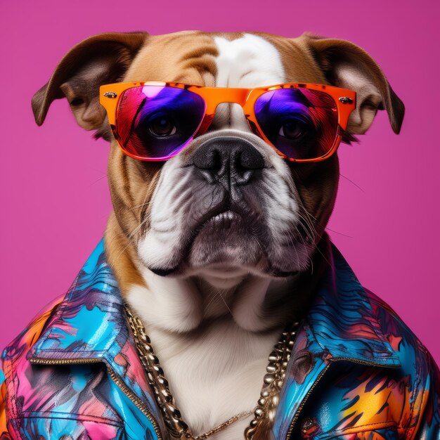 portrait of dog with sunglasses and french bulldog in a pink jacket