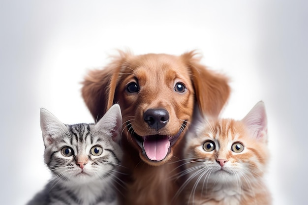 Portrait of dogs and cats looking at the camera in front of a white background Generative AI