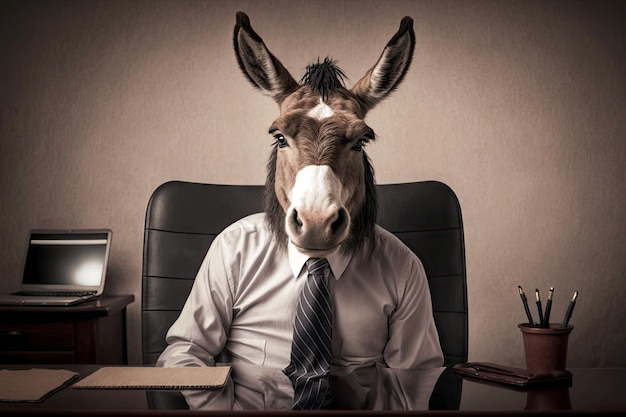 Photo portrait of donkey in business suit at the office desk generative ai