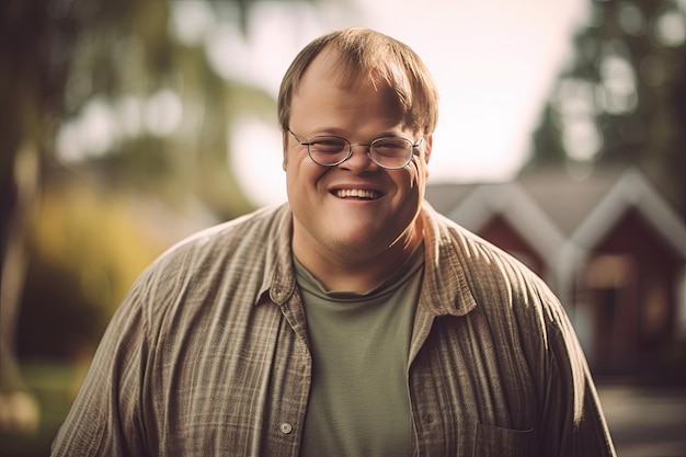 Portrait of down syndrome adult man standing outdoors Generative Ai