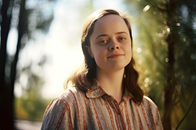 Portrait of down syndrome adult woman standing outdoors Generative Ai
