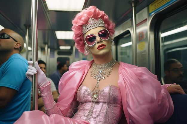 portrait of a drag queen in the bus