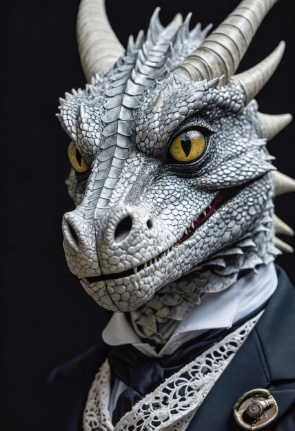 Portrait of a dragon in a black tailcoat and white lace bowVictorian styleBlack background Victorian styleBlack backgroundCreative designer art