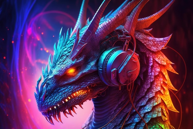 Portrait of a dragon in headphones dragon symbol of 2024 Generative AI