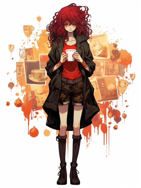 Portrait drawn of redhaired girl drinking coffee with modern style of clothes