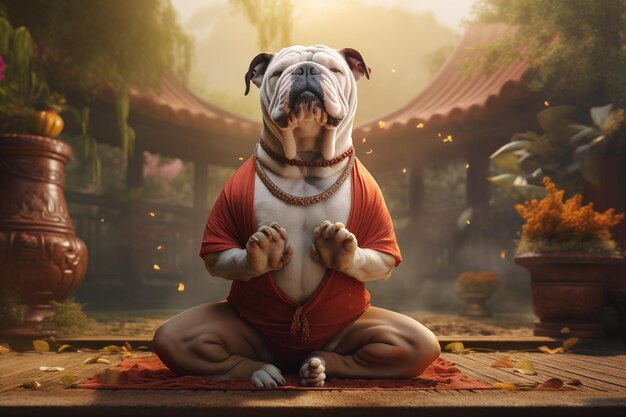 Foto ritratto di un cane umanoide antropomorfo vestito in posa seduto in un ambiente meditativo