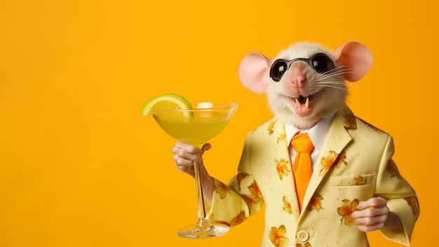 Portrait of a dressed anthropomorphic rat who's holding a tropical cocktail in his hand on a yellow background