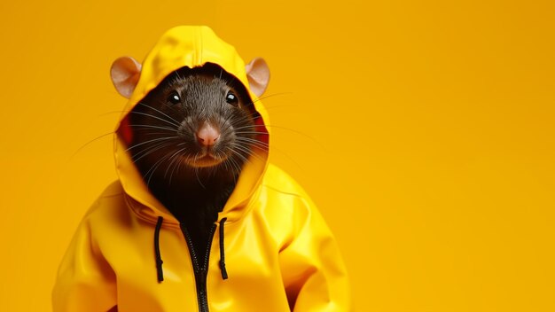 Photo portrait of a dressed anthropomorphic rat on a yellow background